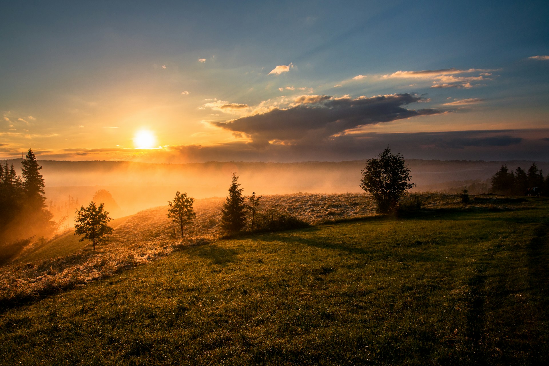 Sunrise over the field above the launch